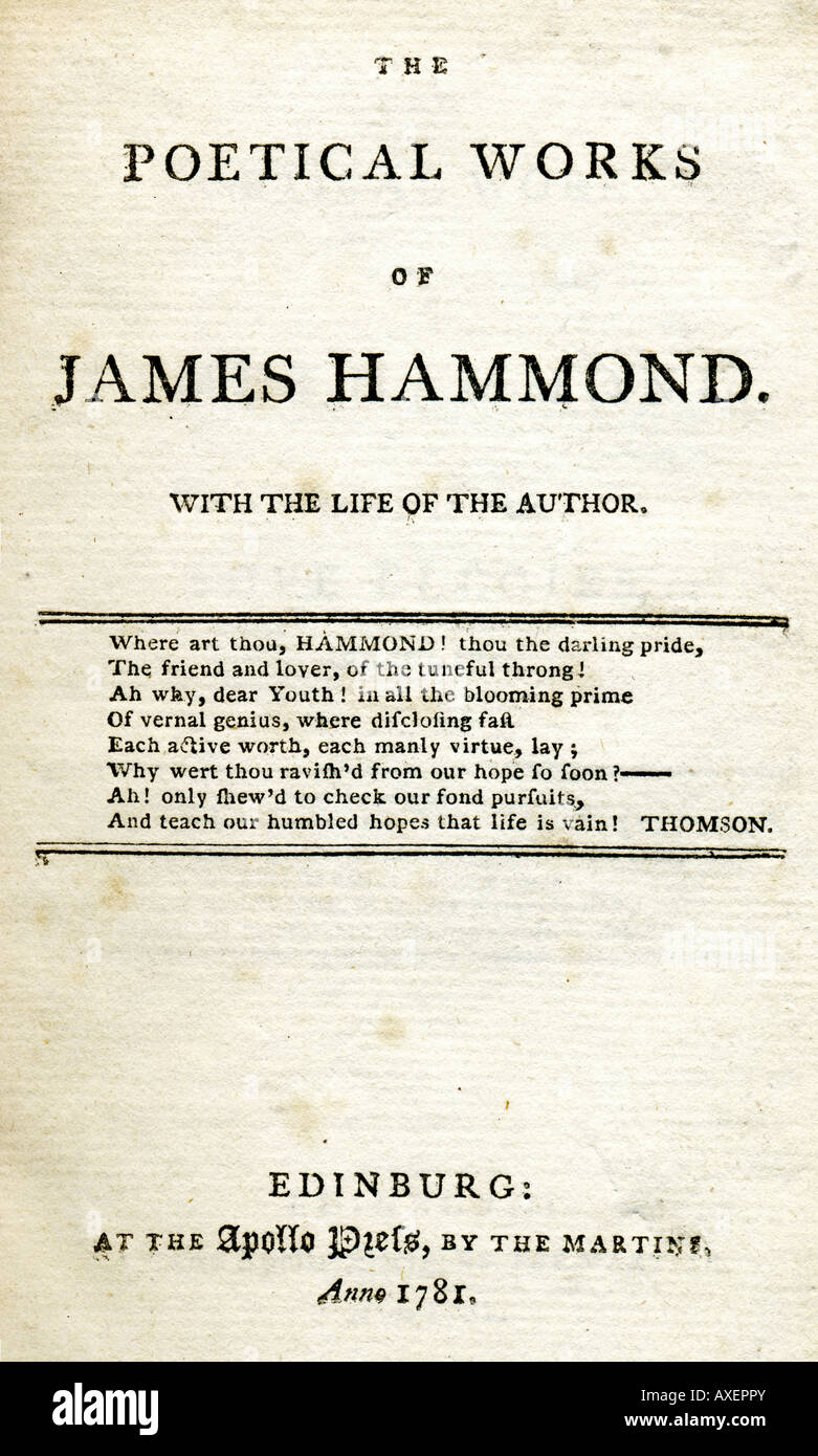 Pagina titolo del xviii secolo libro di poesie di James Hammond 1781 pubblicato dalla Martins all'Apollo Premere Edinburgh Foto Stock