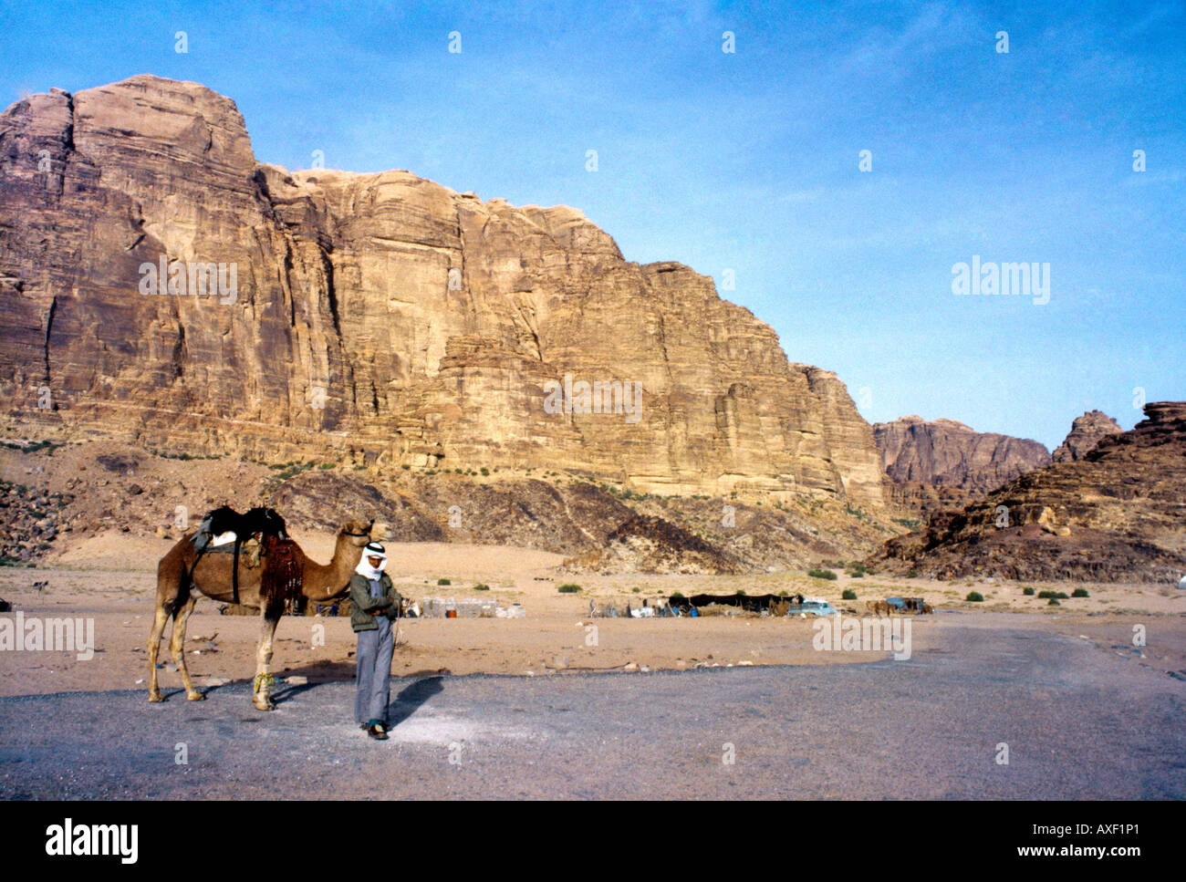 Wadi Rum Giordania Beduino e cammello campo Beduino di montagne Foto Stock