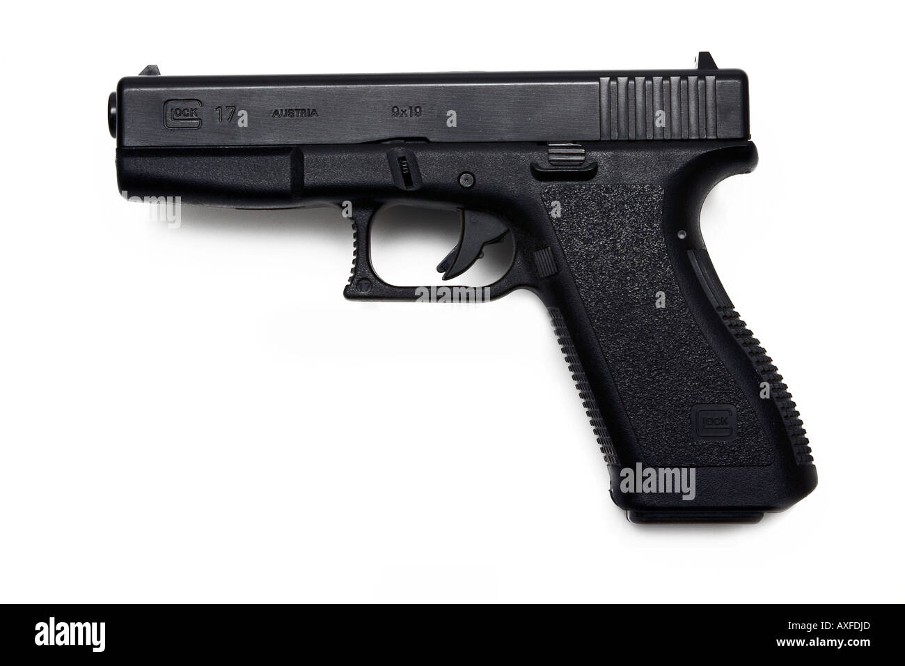 Pistola replica glock 17 su sfondo bianco Foto Stock