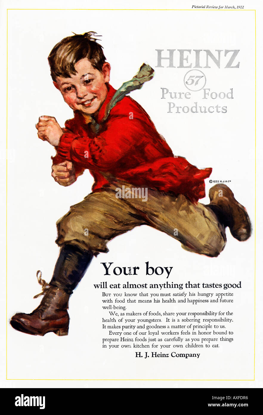 Heinz puro prodotti alimentari 1922 magazine spot per la American food company con un bel dipinto di un ragazzo Foto Stock