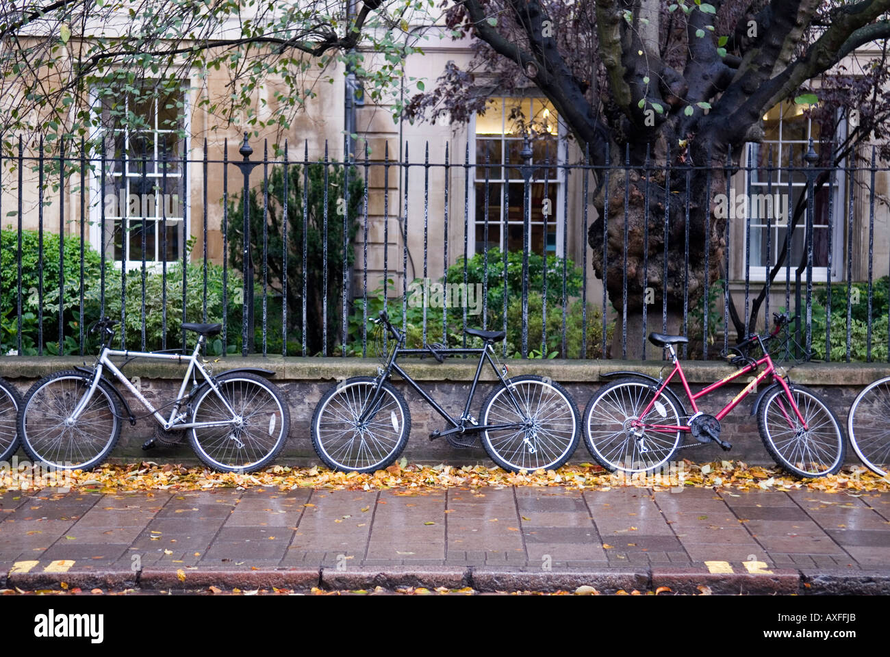 CAMBRIDGE UNIVERSITY CITY Inghilterra biciclette fuori EMMANUEL COLLEGE con foglie di autunno Foto Stock