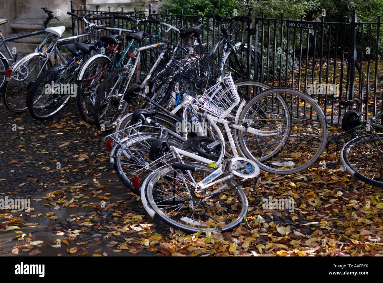 CAMBRIDGE UNIVERSITY CITY Inghilterra biciclette fuori EMMANUEL COLLEGE con foglie di autunno Foto Stock