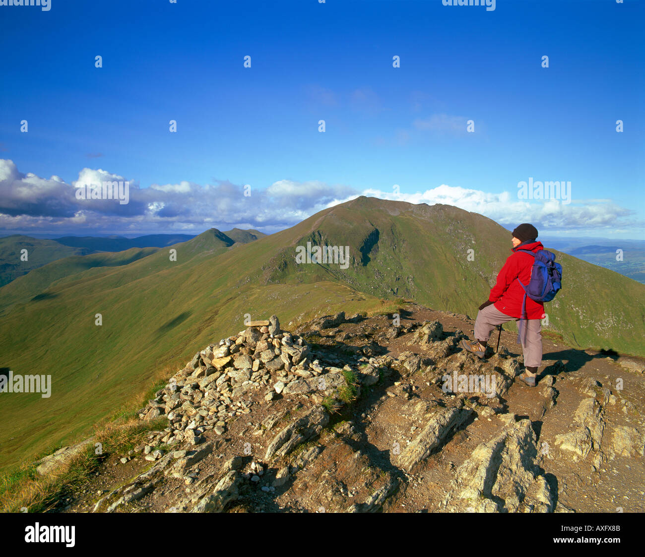 Hill Walker Summiting Beinn Ghlas, Ben Lawers, Perthshire Scozia Scotland Foto Stock