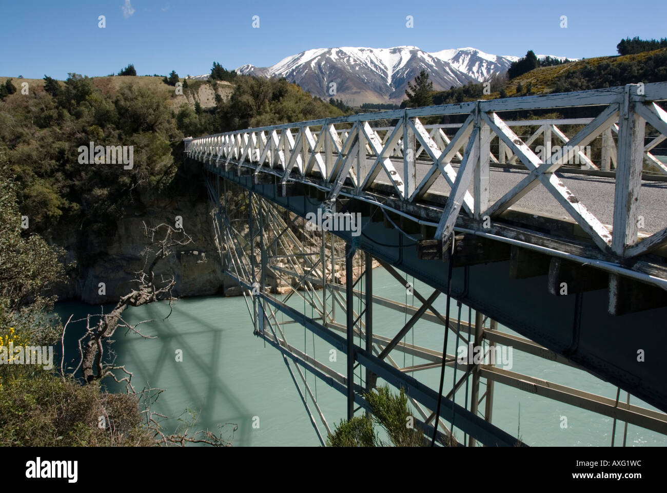 Bridge n. 1 oltre il Rakaia River Gorge NZ orizzontale Foto Stock