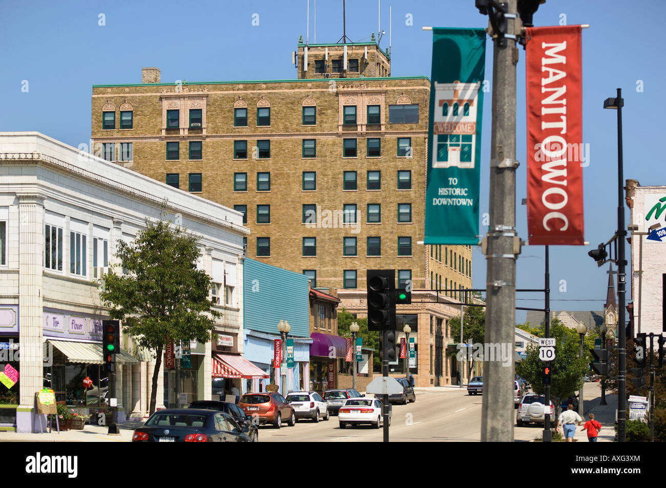 Area del centro cittadino di Manitowoc nel Wisconsin un porto città sul lago Michigan Foto Stock