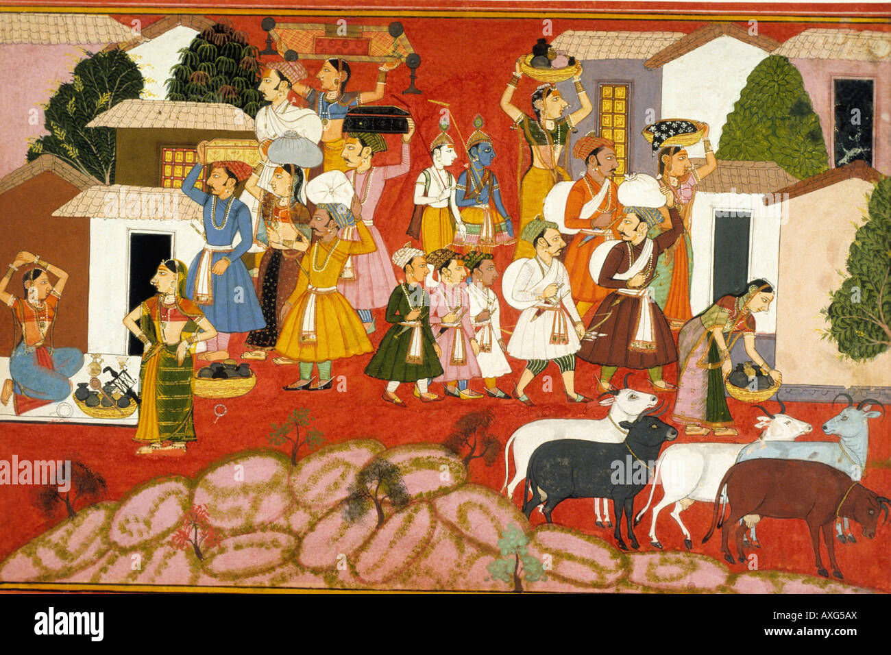 Viaggio a Brindavan e c 1700 kanoria. Di Mewar indiano dipinto in miniatura, Rajasthan in India Foto Stock