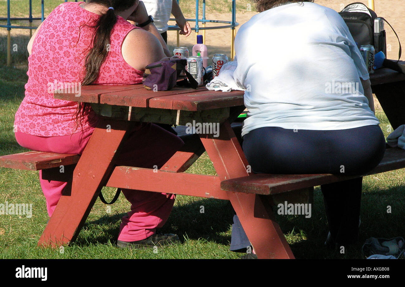 Femmine obese sedersi al tavolo da picnic a mangiare cibo Foto Stock