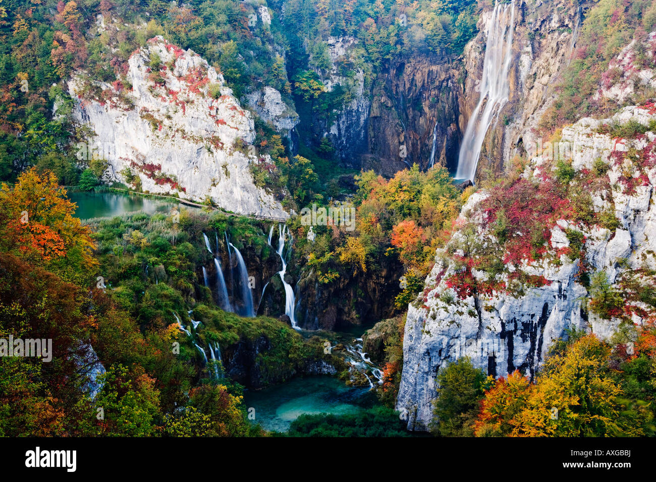 Le cascate inferiori, il Parco Nazionale dei Laghi di Plitvice, Croazia Foto Stock