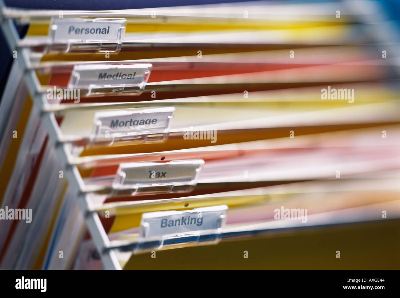 I file di documenti organizzati finanziare il sistema di archiviazione depositata fatture home office debito organizzata di documenti cartacei Foto Stock