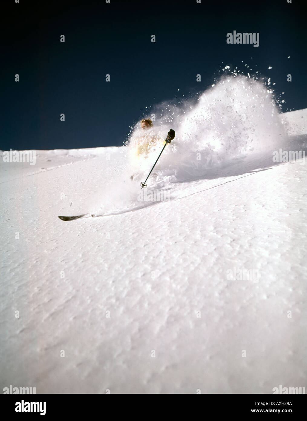 Sciatore sepolto nella nuova polvere di neve come egli scolpisce spegne il Monte Baldy a Sun Valley in Idaho Foto Stock