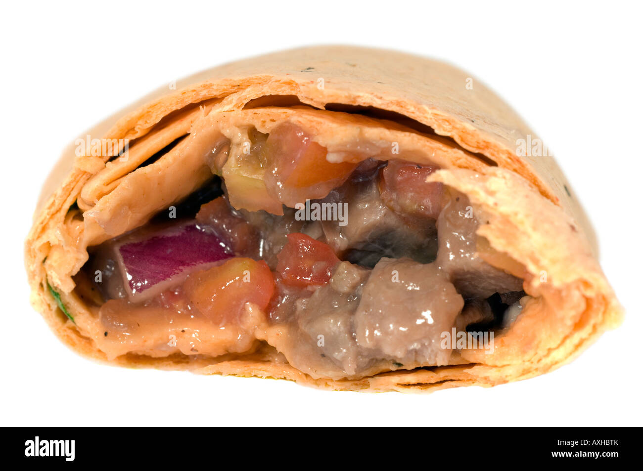 Tortilla pomodoro sandwich con cipolla rossa chutney carni bovine Foto Stock