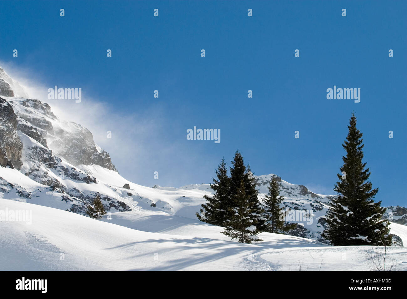 Vento neve soffiata fuori pista. Solo uso editoriale. Foto Stock Vento neve soffiata fuori pista. Solo uso editoriale. Foto Stock