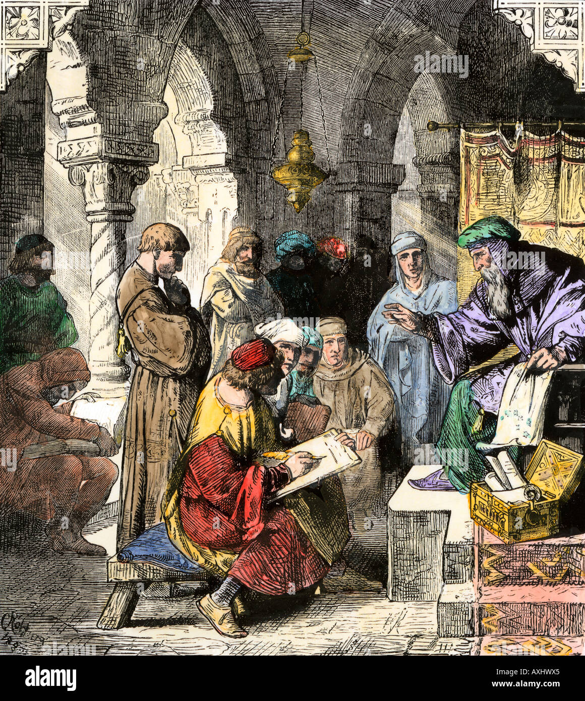 Alchimia ed astrologia plus la matematica e la scienza insegnata da studiosi arabi nelle scuole medievali. Colorate a mano la xilografia Foto Stock