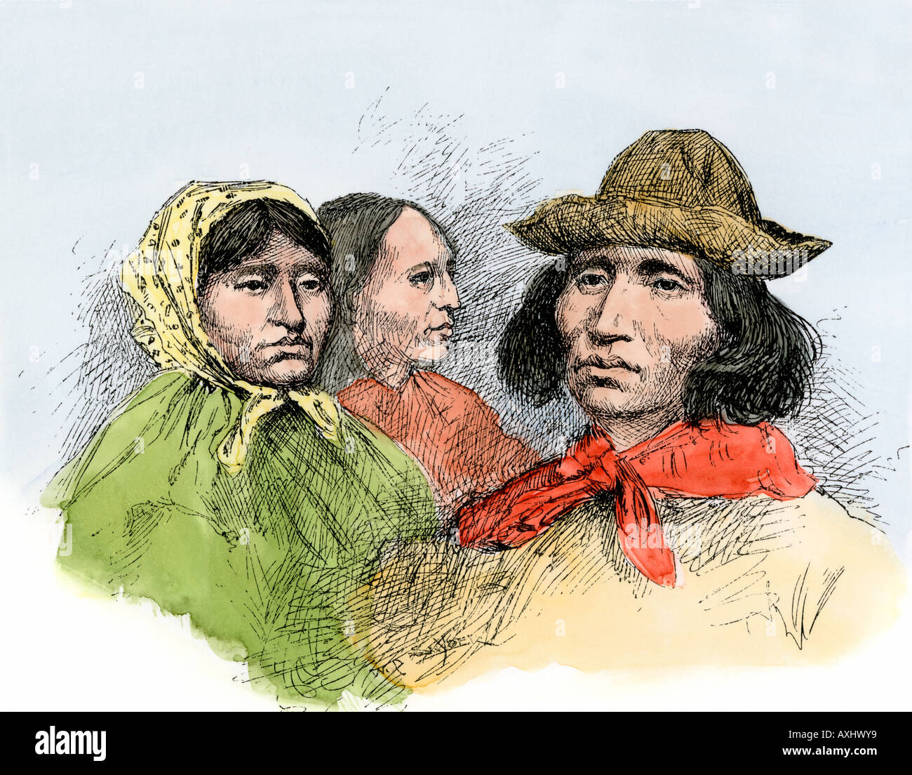 Cherokees dopo il Sentiero delle Lacrime in territorio indiano 1890s. Colorate a mano la xilografia Foto Stock