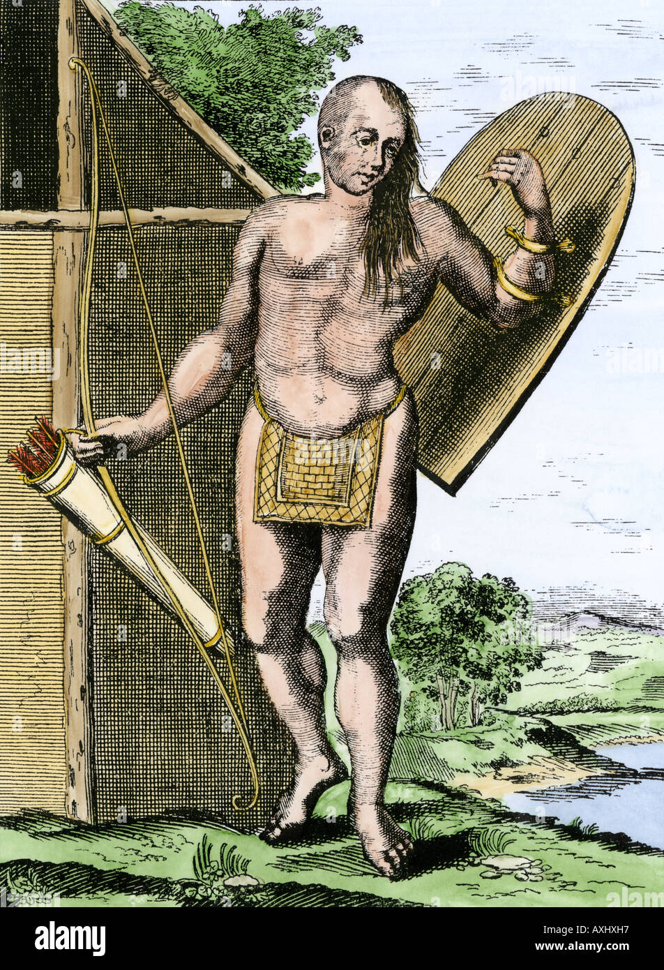 Canadian Native American azienda protezione con arco e frecce in un fremito. Colorate a mano la xilografia Foto Stock