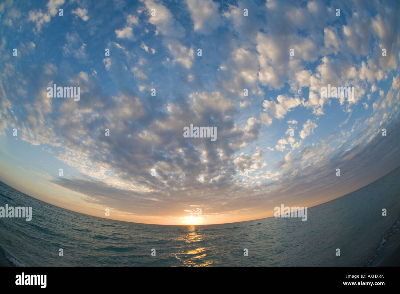 Tramonto sul Golfo del Messico da Venice Beach in Florida prese con un obiettivo fisheye Foto Stock