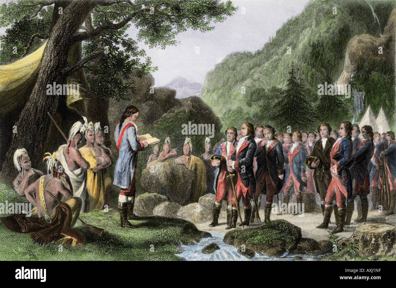Ufficiale di milizia George Washington la lettura di preghiere in campeggio durante la guerra di indiano e francese. Colorate a mano incisione in acciaio Foto Stock