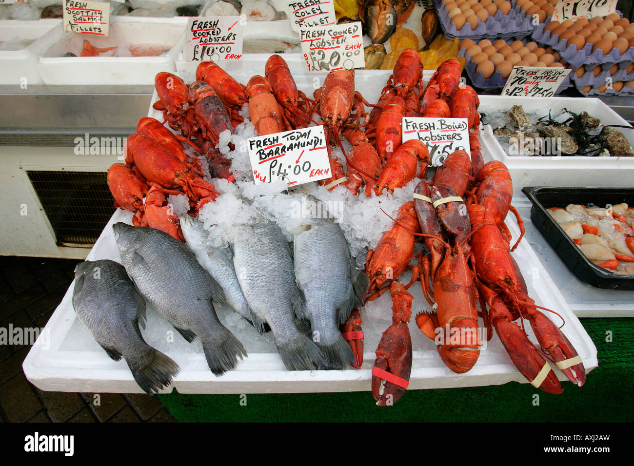 Oceano Mare cibo alimentazione alimentazione cucinare mangiare piatto delicati menu gustosi piatti freschi e deliziosi molti stand di stallo scambi di mercato vendere acquistare invertebra Foto Stock