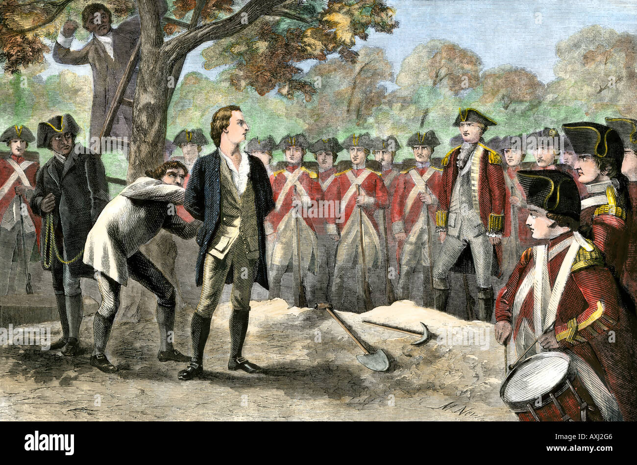 Esecuzione del patriota Nathan Hale dal britannico 1776. Colorate a mano la xilografia Foto Stock