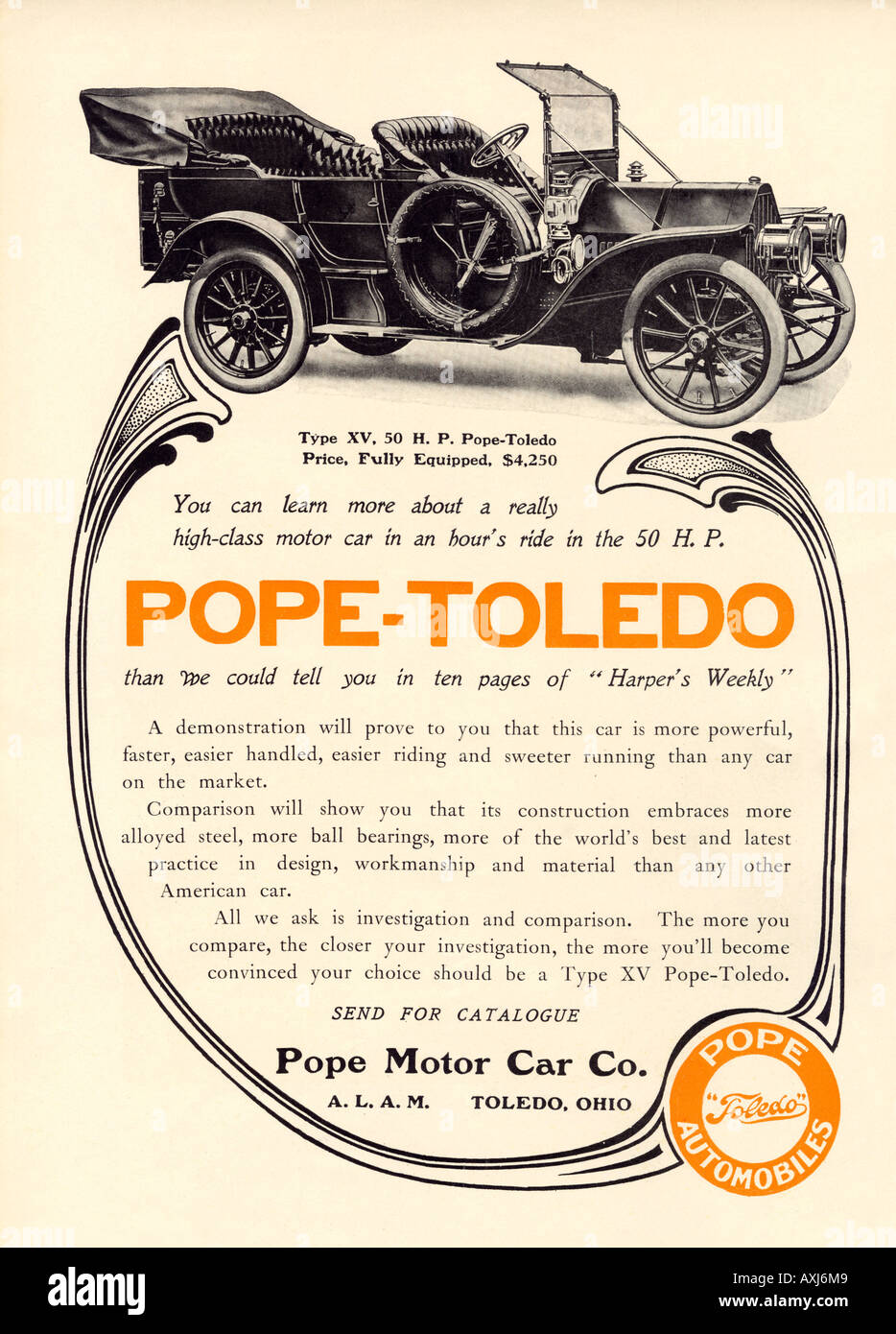 Pubblicità per un papa Toledo automobile fatta in Ohio 1907. Stampato in 2 colori Foto Stock