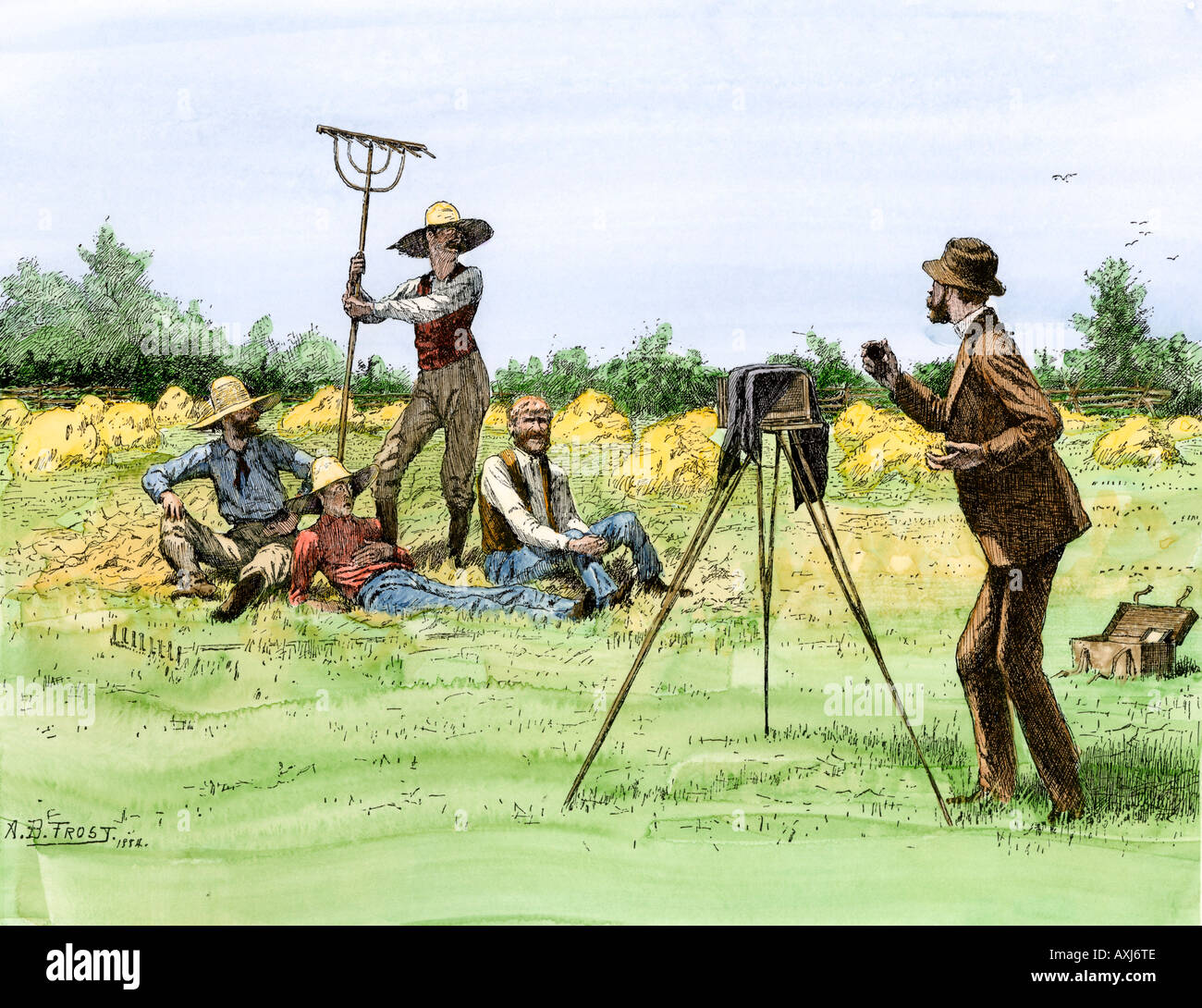 Viaggi fotografo di scattare una foto di agricoltori nel loro campo 1880. Colorate a mano la xilografia di A.B. Illustrazione di brina Foto Stock