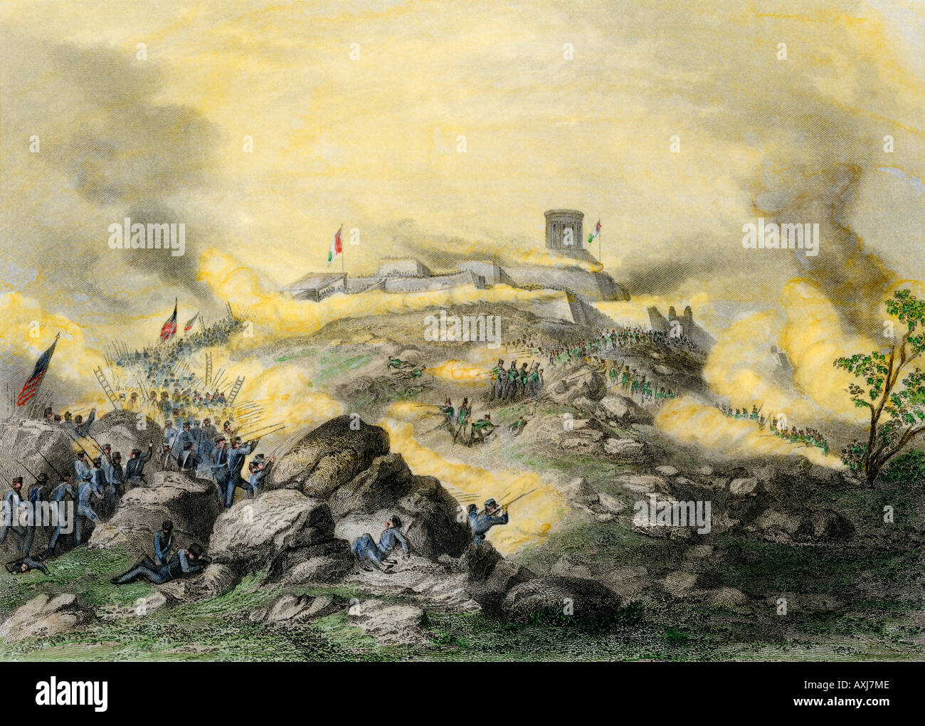 American assalto alla fortezza di Chapultepec durante gli Stati Uniti guerra messicana 1847. Colorate a mano incisione in acciaio Foto Stock