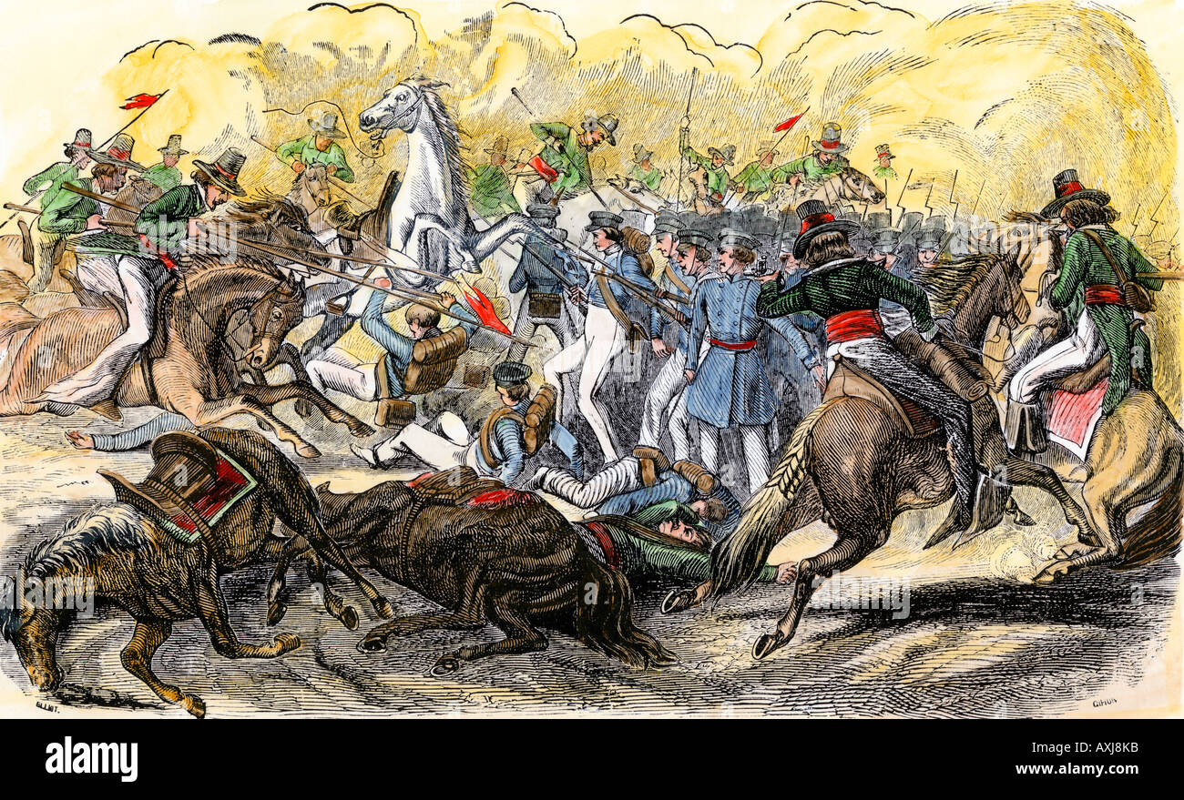 Carica dei lancieri messicano contro le forze americane in Buena Vista durante la guerra messicana 1847. Colorate a mano la xilografia Foto Stock