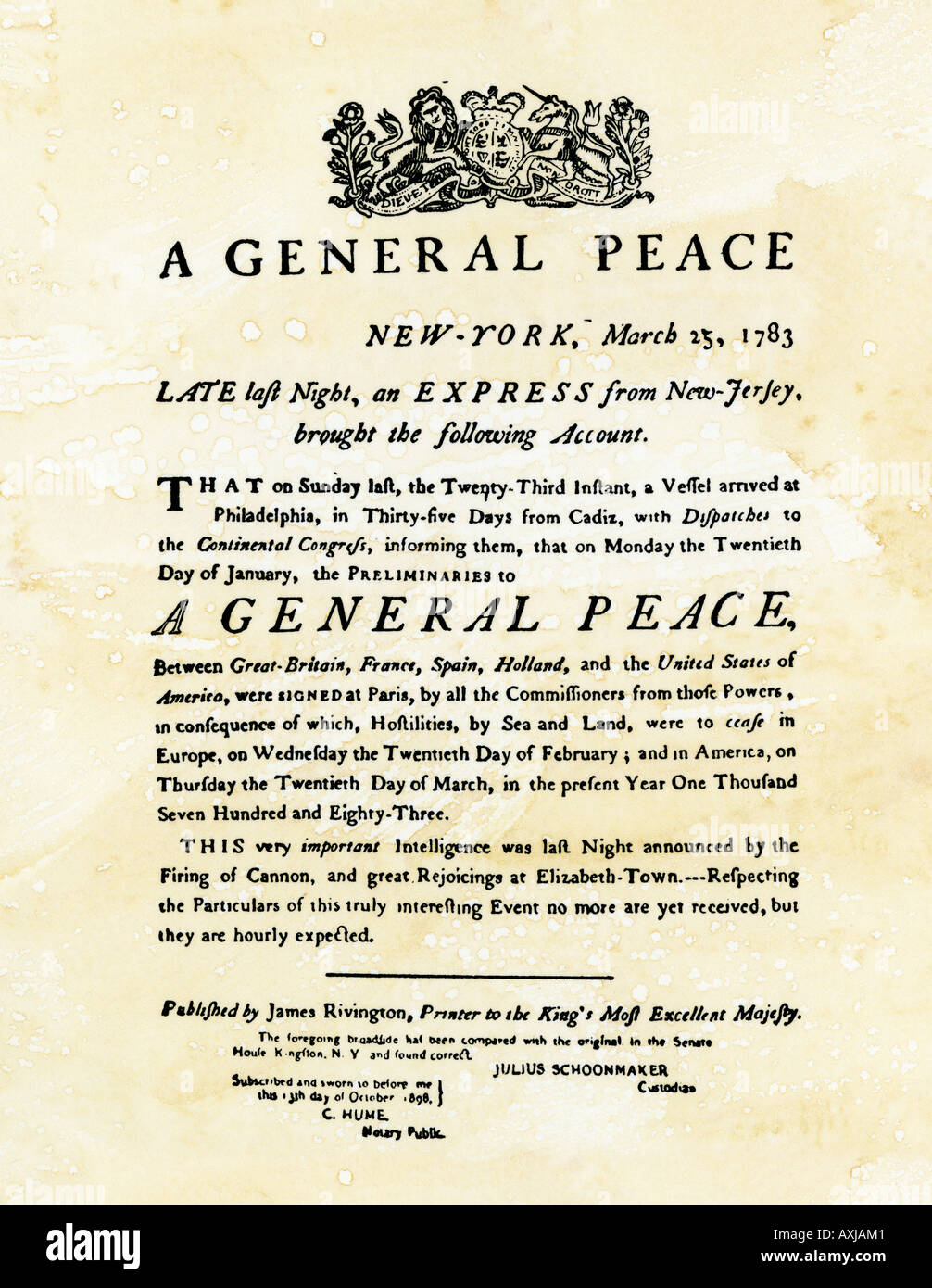 Annuncio del trattato di pace che termina la guerra rivoluzionaria stampato nella città di New York il 25 marzo 1783. Xilografia con un lavaggio ad acquerello Foto Stock