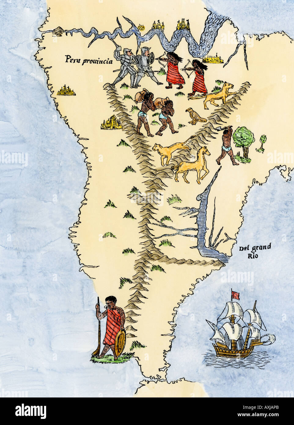 Mappa di Sud America da Sebastian Cabot mappa del mondo 1544. Colorate a mano la xilografia Foto Stock