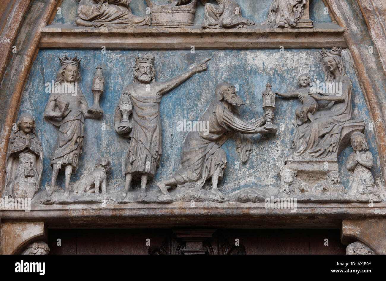 Ulm Münster, "Westliches Portal auf der Nordseite, sogenanntes Kleines Marienportal:Tympanon, Heilige Drei Könige' Foto Stock
