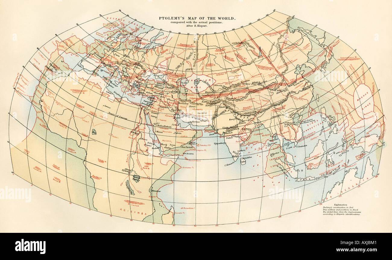 Tolomeo mappa del mondo mostrato in rosso con vero posizioni mostrate in nero. Litografia a colori Foto Stock
