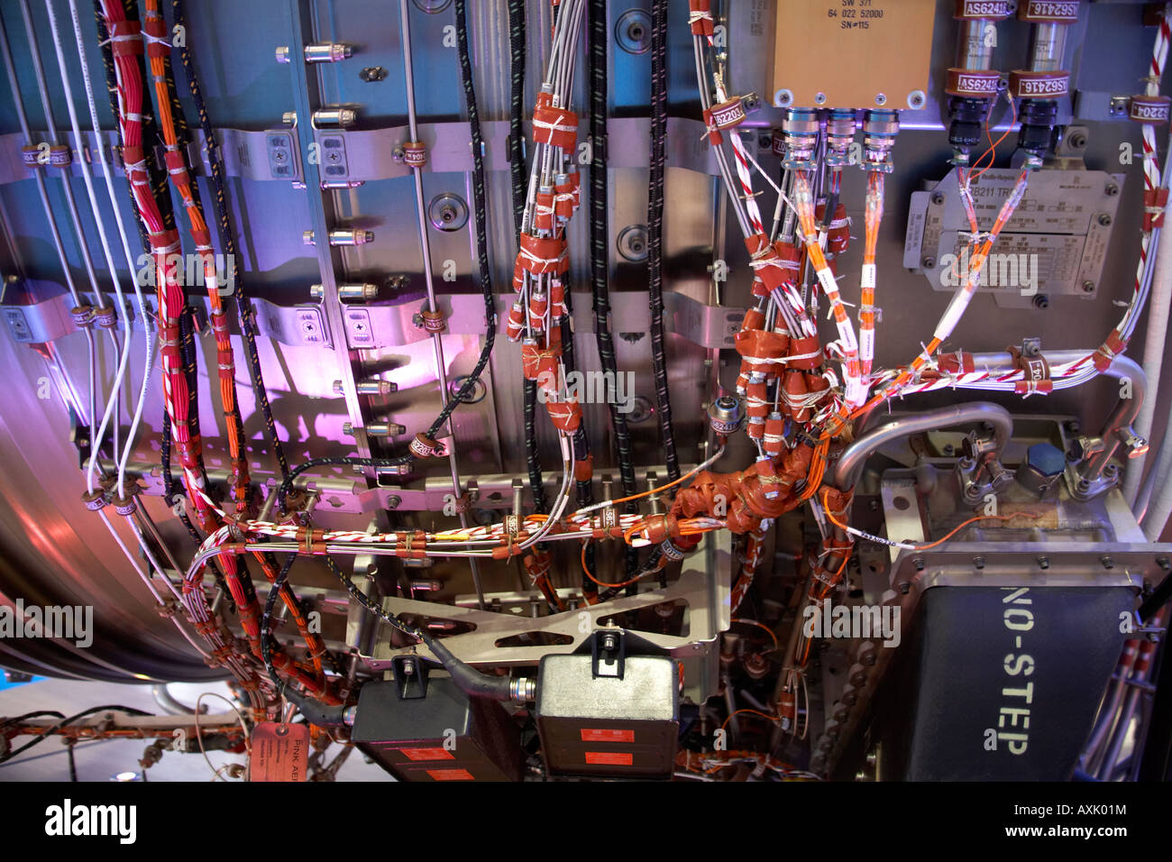 Dettaglio della Rolls Royce Trent 900 aero engine sul display a Farnborough International Airshow di luglio 2006 dietro la ventola Foto Stock