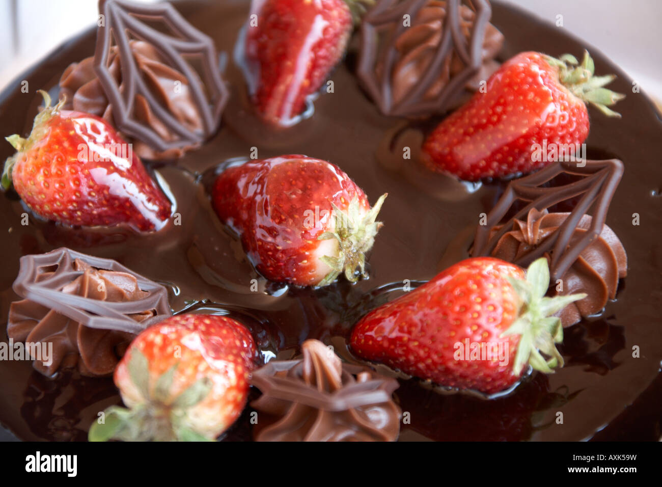 Torta al cioccolato cibo budino di fragole fatta in Attica o Atiki Grecia Foto Stock