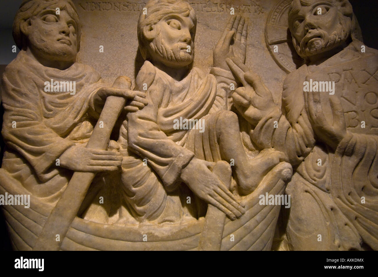 Scena dal Nuovo Testamento su un sarcofago Museu Frederic Mares Barri Gotic barcellona catalogna Spagna Foto Stock