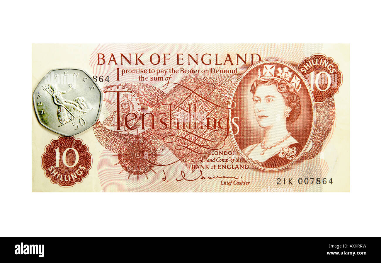 Un 50p coin seduto su un vecchio 10 shilling nota Foto Stock