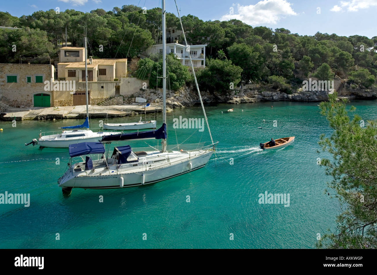 Barca a vela a Cala Figuera.Mallorca Island.Spagna Foto Stock