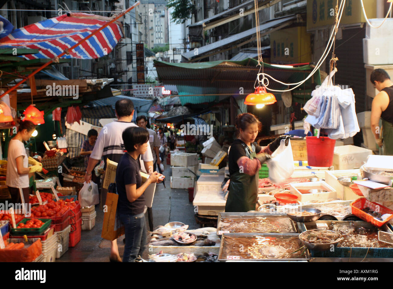 Street Market alimentare di Hong Kong - Lady di vendita del pesce [Graham Street Market, Graham Street, Hong Kong, Cina, Asia]. . Foto Stock