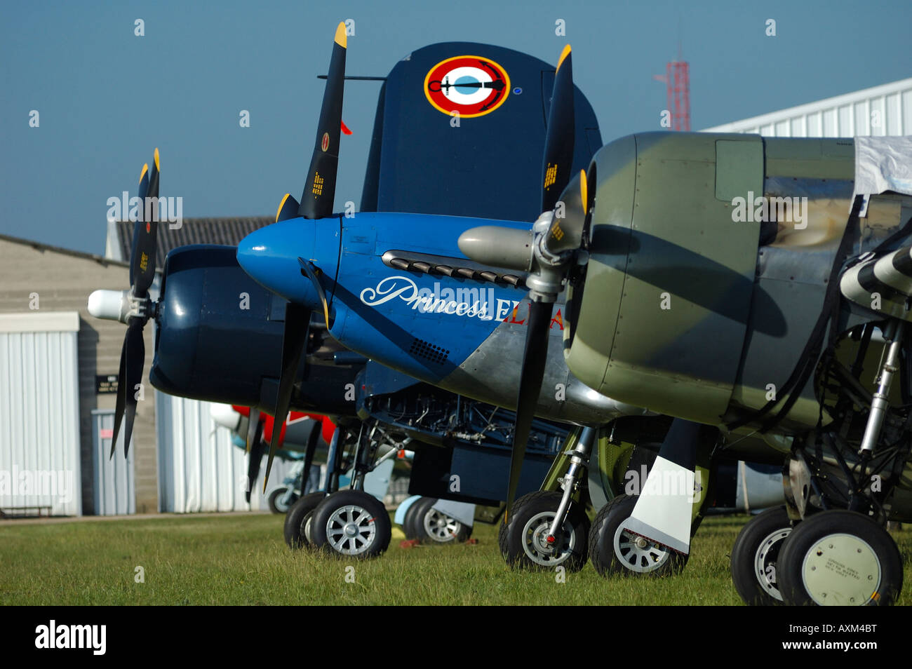 Nasi di allineamento di wwII eliche fighters piani, vintage francese air show, La Ferte Alais, Francia Foto Stock