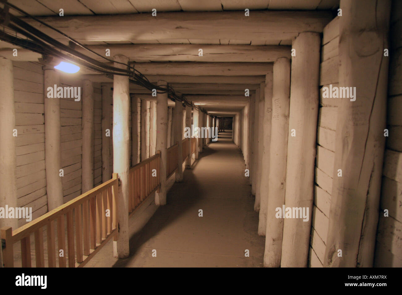 Una trave in legno rivestito in tunnel protetto dall'UNESCO le Miniere di Sale di Wieliczka, Cracovia in Polonia. Foto Stock