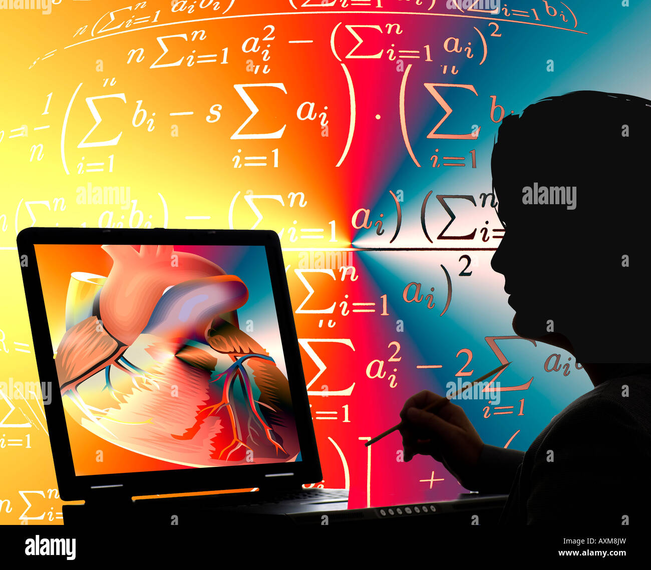 Computer immagine generata del cuore umano studiato da studente di medicina sul monitor Foto Stock