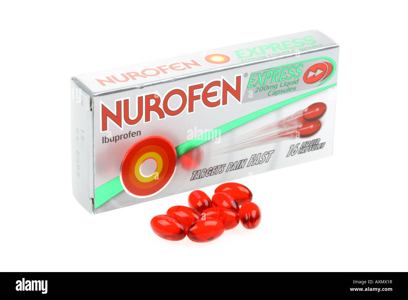 Nurofen o Ibuprofen sopra la Medicina contro il dolore, isolato su bianco senza persone Foto Stock