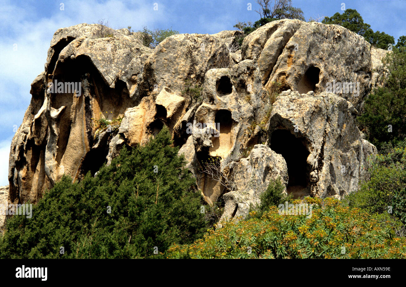 Vento tipiche rocce scolpite sulla isola di Sardegna Italia Foto Stock