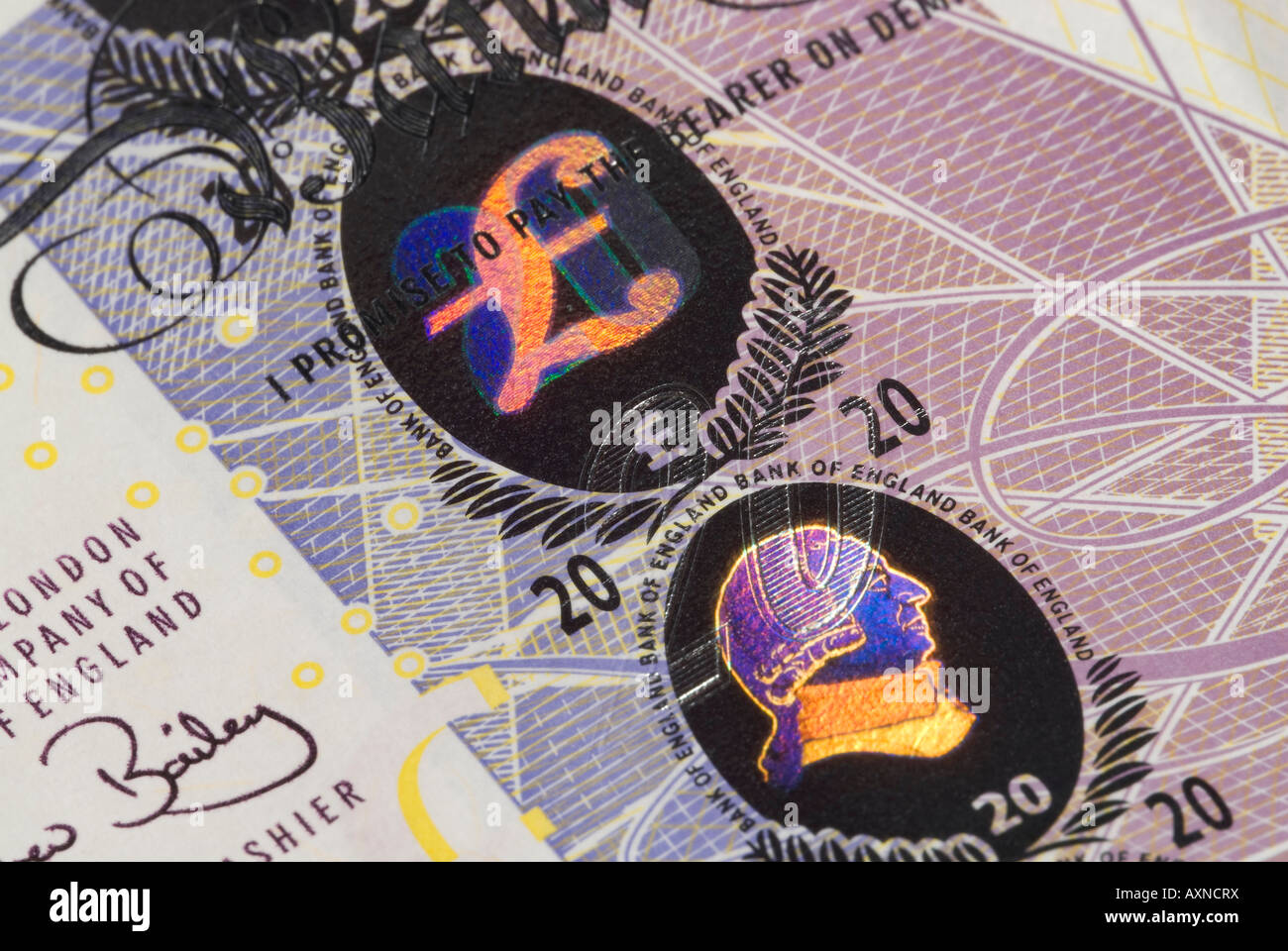 Close up british £20 nota Foto Stock
