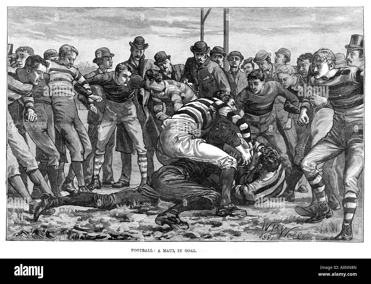 Un Maul In meta un incisione Vittoriano dal 1881 con match azione sui campi di rugby circondato da spettatori Foto Stock
