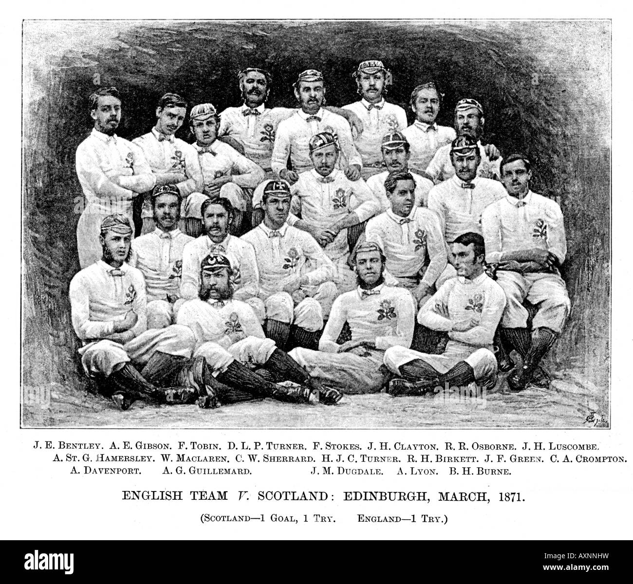 La prima squadra dell'Inghilterra 1871 nel primo incontro internazionale di rugby  match contro la scozia a Edimburgo Foto stock - Alamy