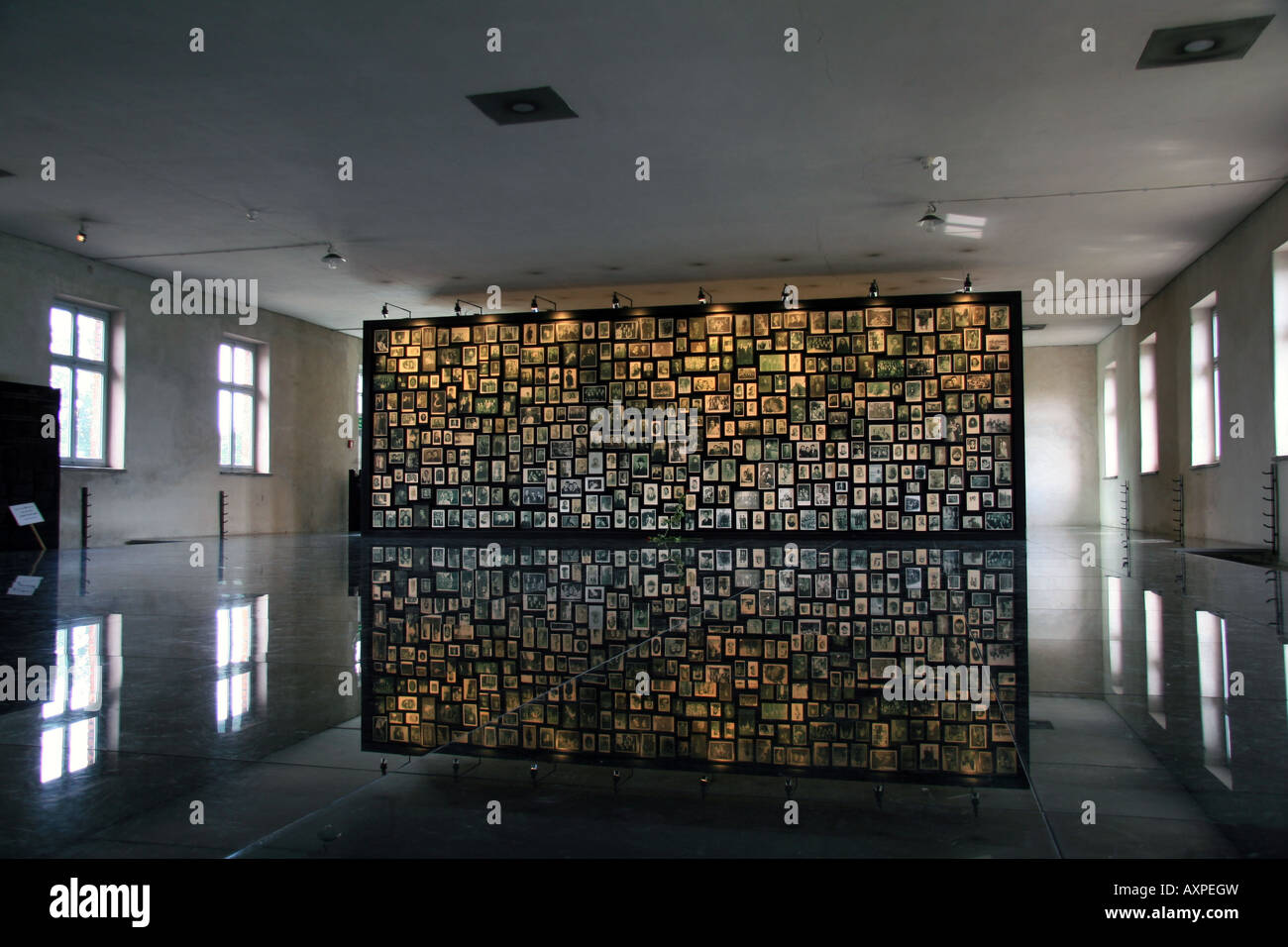 Pannello di fotografie di famiglia nella sauna, Auschwitz-Birkenau, Polonia. Foto Stock