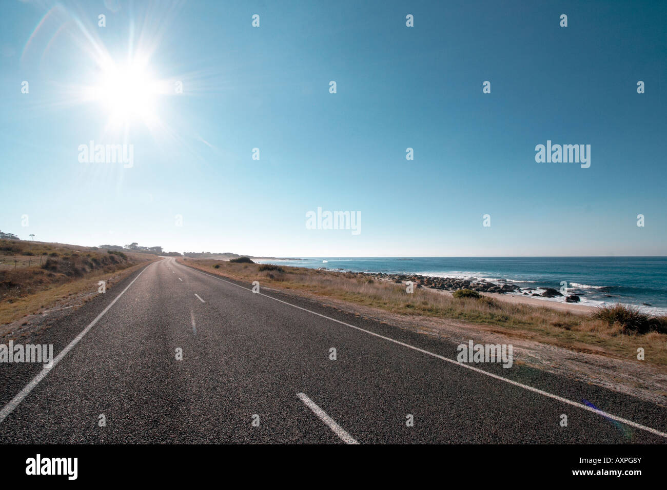Strada costiera sotto un sole luminoso sulla costa Est della Tasmania, Australia Foto Stock