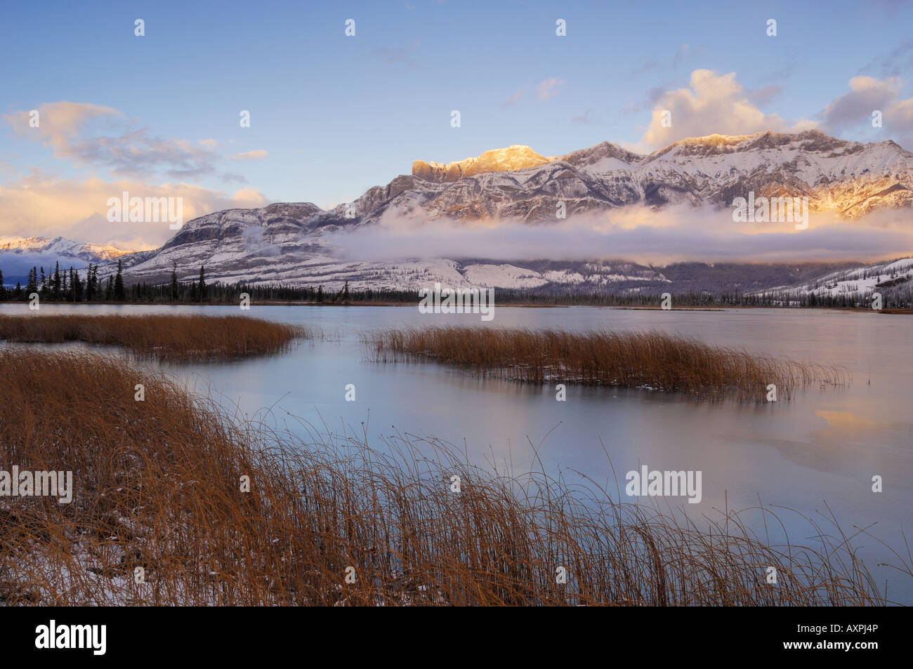 Talbot Lago parzialmente congelati con la Miette Range sullo sfondo del Parco Nazionale di Jasper Alberta Canada Foto Stock