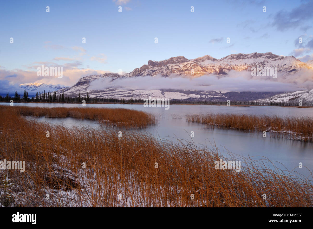 Parzialmente congelati Talbot lago con la Miette Range sullo sfondo del Parco Nazionale di Jasper Alberta Canada Foto Stock