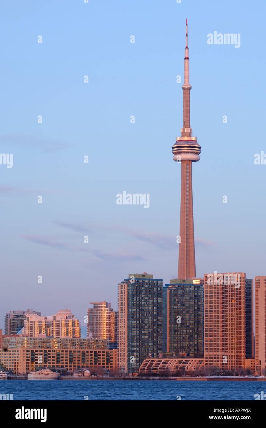 La CN Tower e harbourfront edifici nella luce del mattino Toronto Ontario Canada Foto Stock